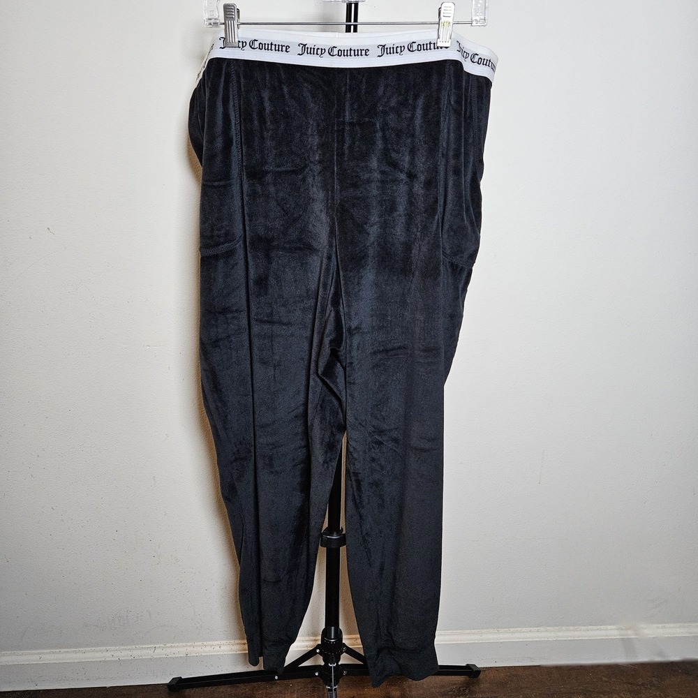 Juicy Couture Black Velour Logo Waistband Lounge Pants Joggers 2X Y2K McBling